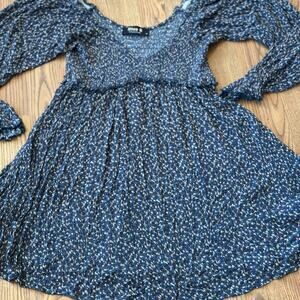 Blue Long Sleeve Rushed Scoop V Neck Dress full ruffled skirt